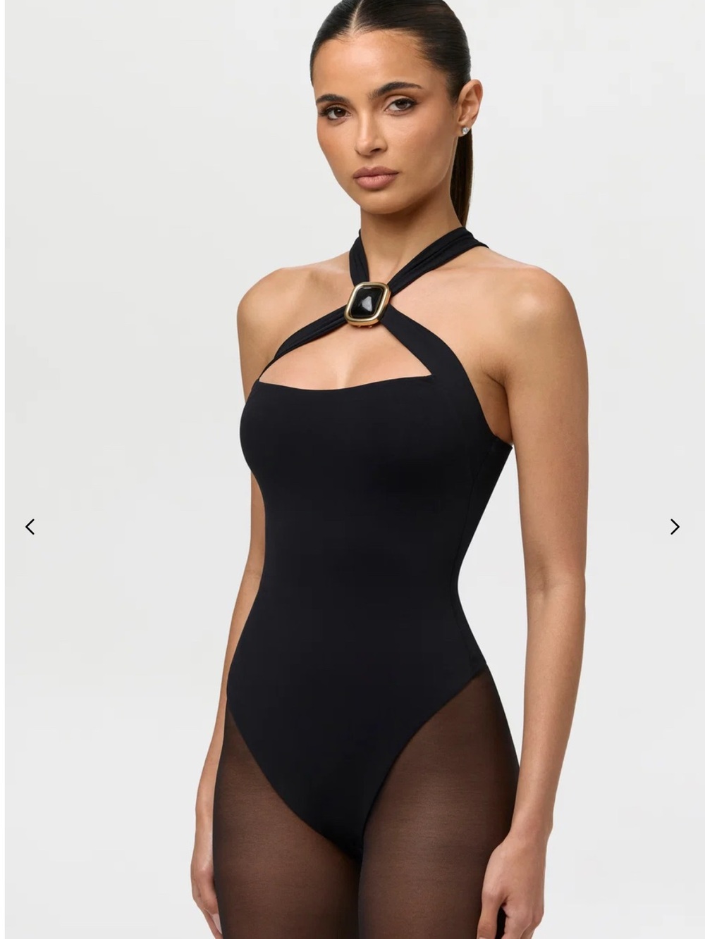 naked wardrobe Black Halter Bodysuit with Gold Buckle